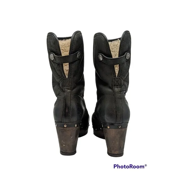 Ugg 1958 Lynnea Clog Boots Fold Over Shearling Ankle Boot Black Womens Sz 6 EUC
