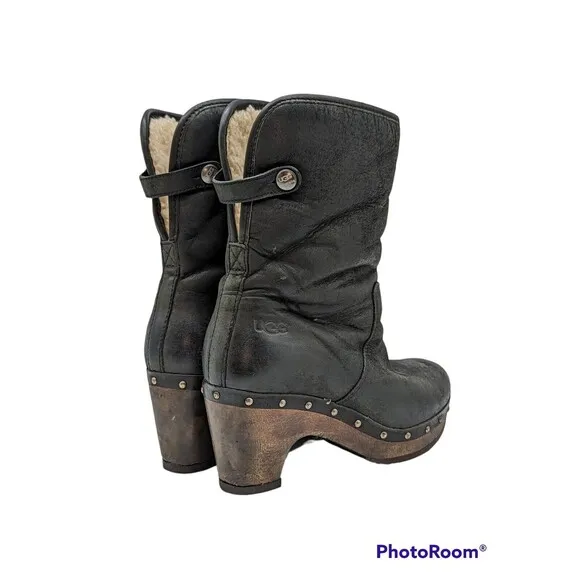 Ugg 1958 Lynnea Clog Boots Fold Over Shearling Ankle Boot Black Womens Sz 6 EUC