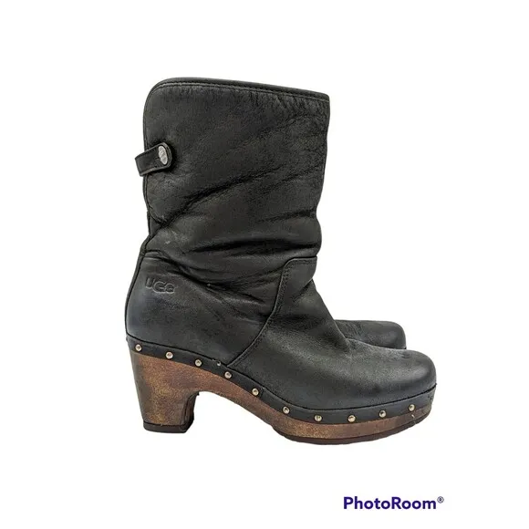 Ugg 1958 Lynnea Clog Boots Fold Over Shearling Ankle Boot Black Womens Sz 6 EUC