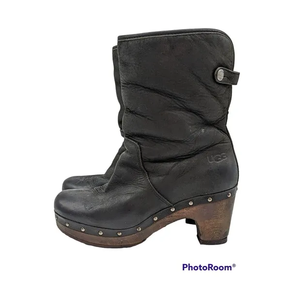 Ugg 1958 Lynnea Clog Boots Fold Over Shearling Ankle Boot Black Womens Sz 6 EUC