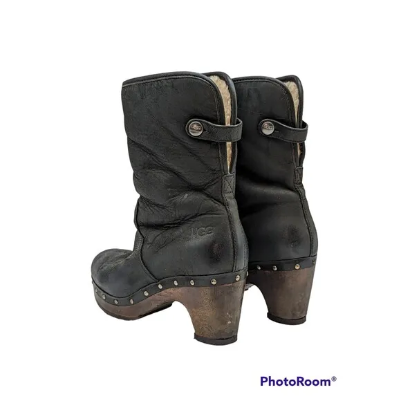Ugg 1958 Lynnea Clog Boots Fold Over Shearling Ankle Boot Black Womens Sz 6 EUC