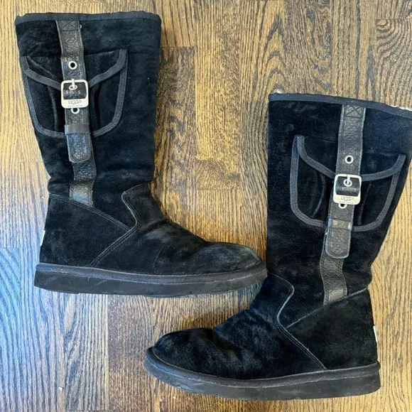 UGG 5195 Black Tall Buckle Cargo Pocket Sheepskin Boots Women's