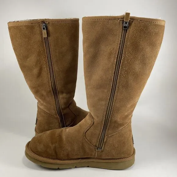 UGG 5235 Sunset Tall Tan Leather Shearling Lined Boots Womens Size 8 Chestnut