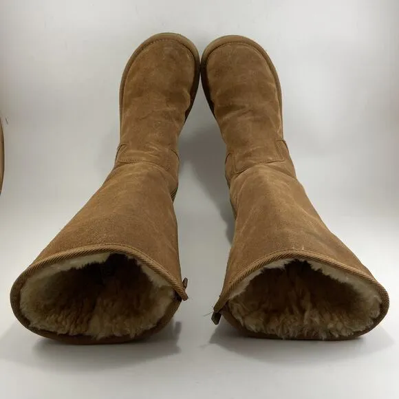 UGG 5235 Sunset Tall Tan Leather Shearling Lined Boots Womens Size 8 Chestnut
