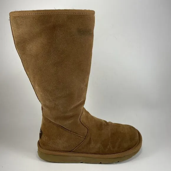 UGG 5235 Sunset Tall Tan Leather Shearling Lined Boots Womens Size 8 Chestnut