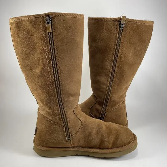 UGG 5235 Sunset Tall Tan Leather Shearling Lined Boots Womens Size 8 Chestnut