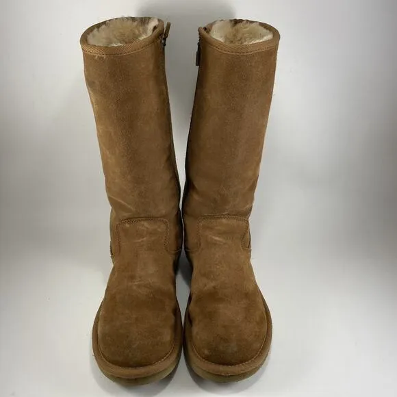 UGG 5235 Sunset Tall Tan Leather Shearling Lined Boots Womens Size 8 Chestnut