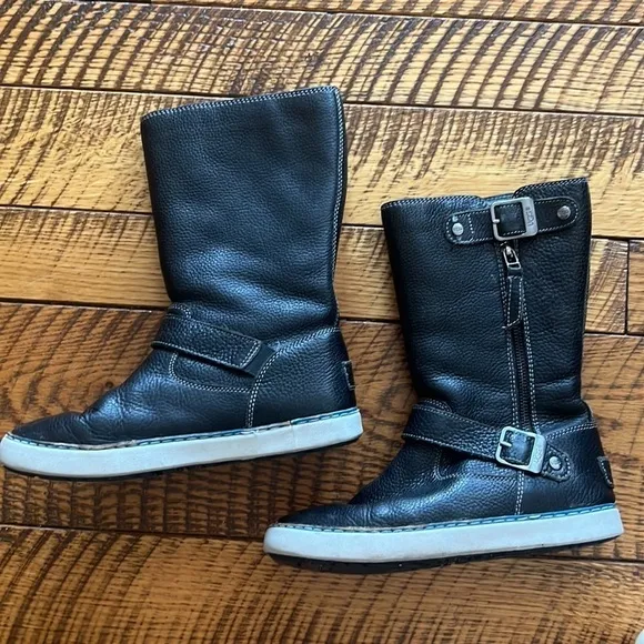 UGG  Andra Black Leather Mid Calf side Zip Boots in size 8