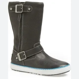 UGG  Andra Black Leather Mid Calf side Zip Boots in size 8
