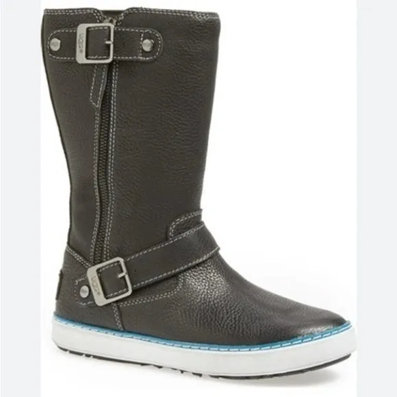 UGG  Andra Black Leather Mid Calf side Zip Boots in size 8