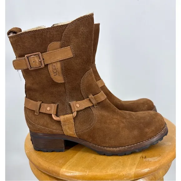 UGG® Australia 5604 Brown ENDELL Harness Biker Suede Shearling Boots Size 7.5