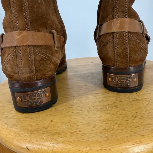 UGG® Australia 5604 Brown ENDELL Harness Biker Suede Shearling Boots Size 7.5