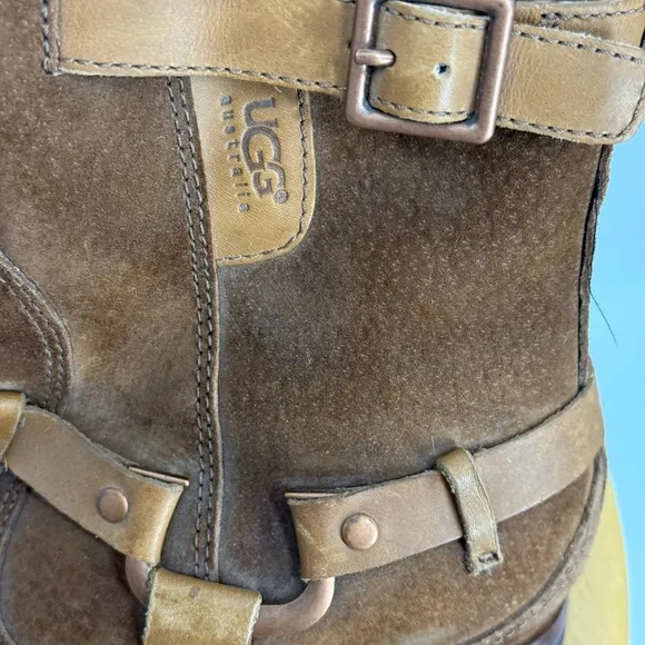UGG® Australia 5604 Brown ENDELL Harness Biker Suede Shearling Boots Size 7.5