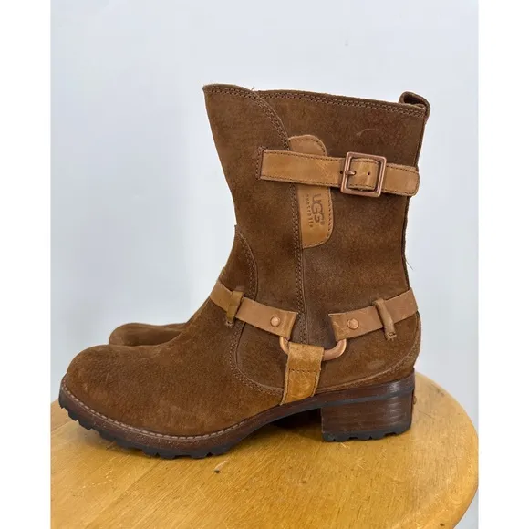 UGG® Australia 5604 Brown ENDELL Harness Biker Suede Shearling Boots Size 7.5