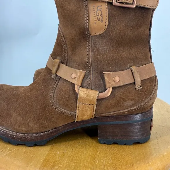 UGG® Australia 5604 Brown ENDELL Harness Biker Suede Shearling Boots Size 7.5