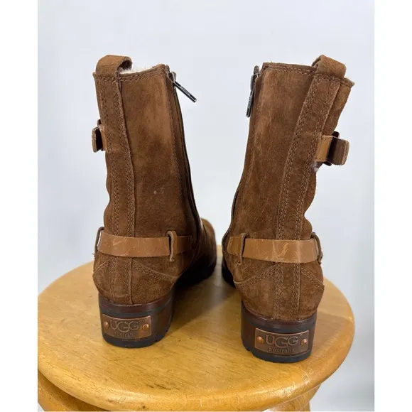 UGG® Australia 5604 Brown ENDELL Harness Biker Suede Shearling Boots Size 7.5