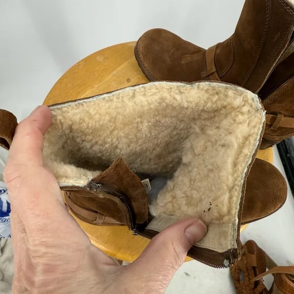 UGG® Australia 5604 Brown ENDELL Harness Biker Suede Shearling Boots Size 7.5