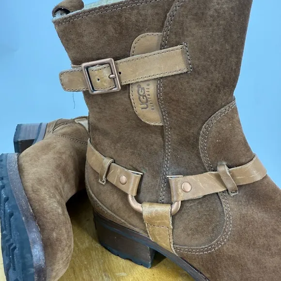 UGG® Australia 5604 Brown ENDELL Harness Biker Suede Shearling Boots Size 7.5