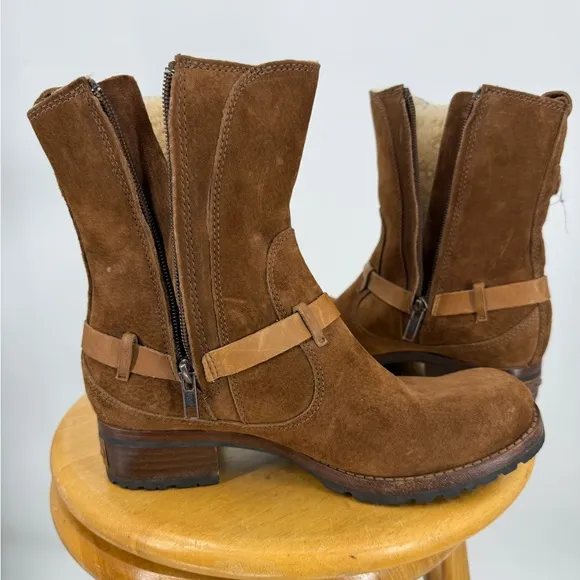 UGG® Australia 5604 Brown ENDELL Harness Biker Suede Shearling Boots Size 7.5