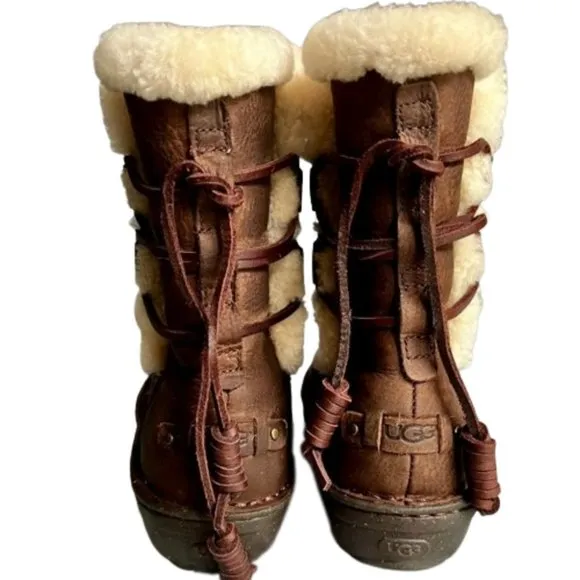 UGG Australia Akadia Brown Leather Shearling Lined Boots - Ties - 7