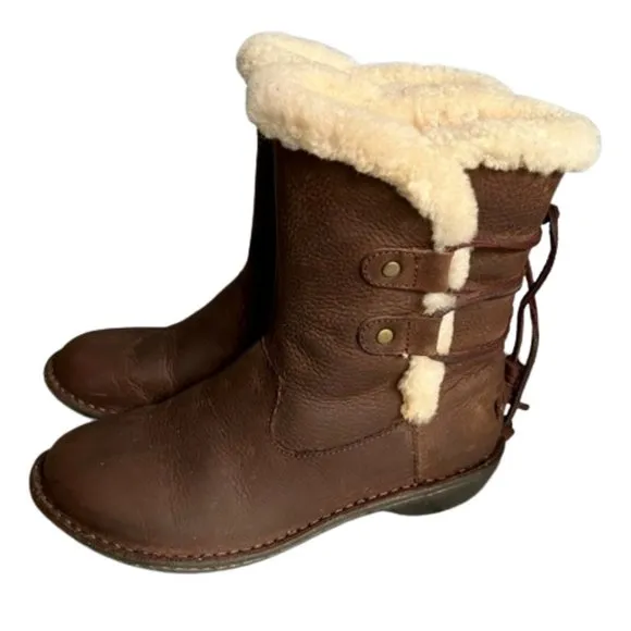 UGG Australia Akadia Brown Leather Shearling Lined Boots - Ties - 7
