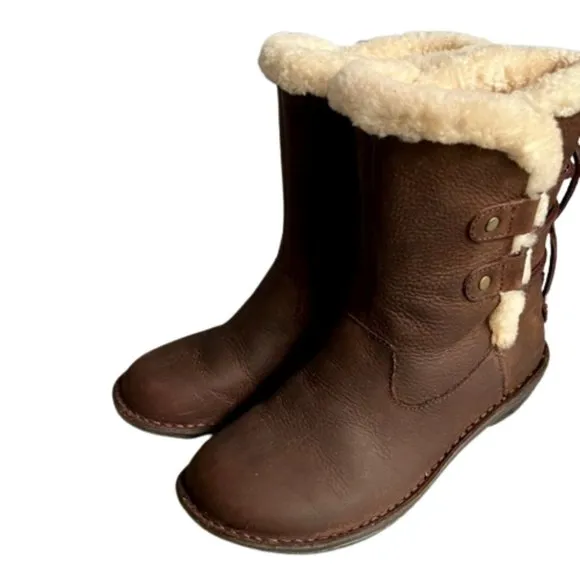 UGG Australia Akadia Brown Leather Shearling Lined Boots - Ties - 7