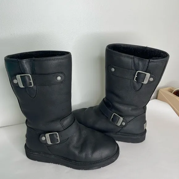 UGG Australia Black Sutter Leather Shearling Water Resistant Tall Boots 7 Punk