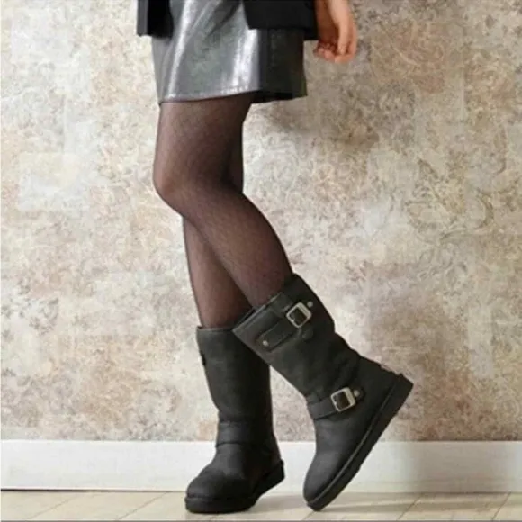 UGG Australia Black Sutter Leather Shearling Water Resistant Tall Boots 7 Punk