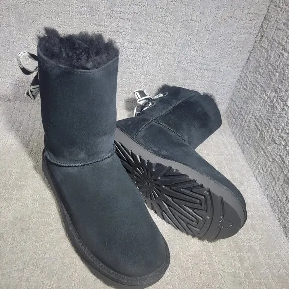 UGG Australia Customizable Bailey Womens Size 10 Black Shearling Bow Short Boots