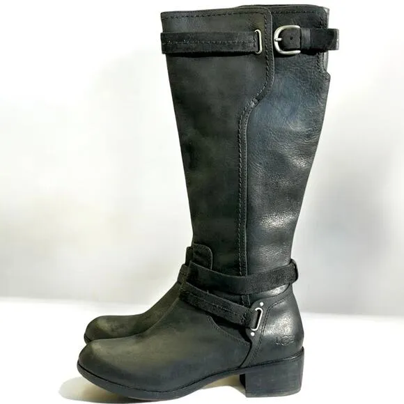 UGG Australia Darcie Knee High Leather Riding Boot Black 7 Sheepskin Shearling
