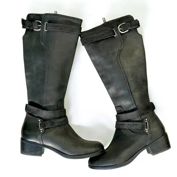 UGG Australia Darcie Knee High Leather Riding Boot Black 7 Sheepskin Shearling