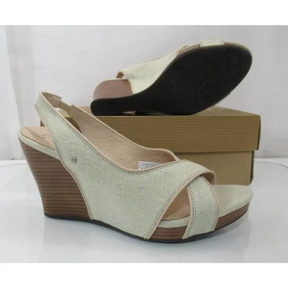 UGG Australia Hazel Denim Platform Wedge Slingback Sandals Taupe Size 10