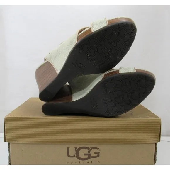 UGG Australia Hazel Denim Platform Wedge Slingback Sandals Taupe Size 10