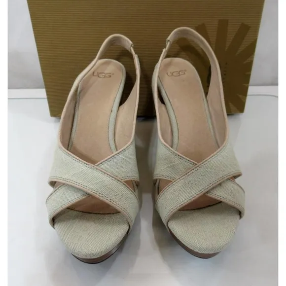 UGG Australia Hazel Denim Platform Wedge Slingback Sandals Taupe Size 10