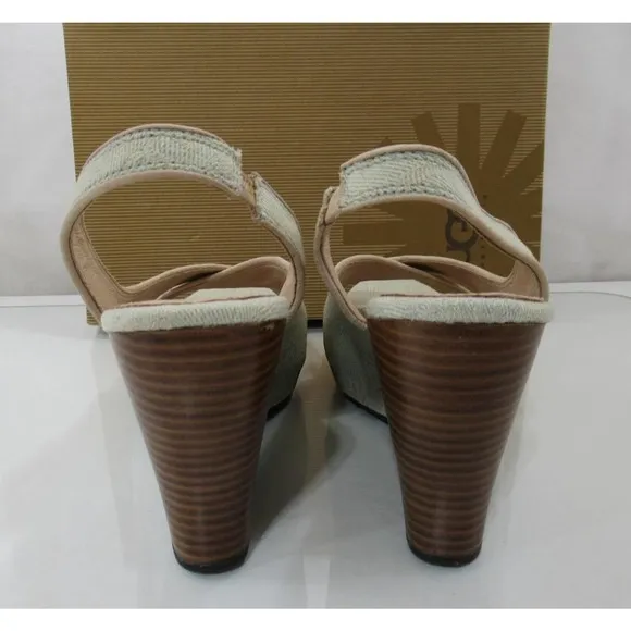 UGG Australia Hazel Denim Platform Wedge Slingback Sandals Taupe Size 10