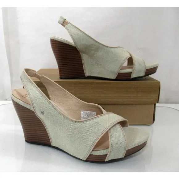 UGG Australia Hazel Denim Platform Wedge Slingback Sandals Taupe Size 10