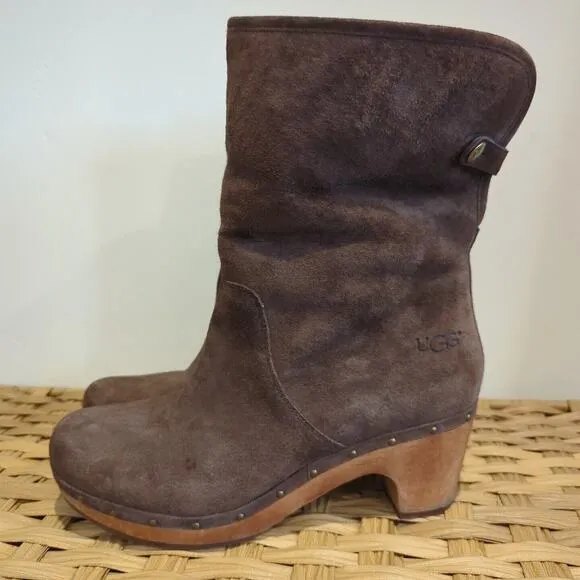 Ugg Australia Lynnea Brown Suede Studded Shearling Wooden Clog Boots Size 10