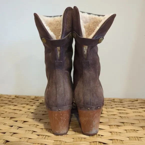 Ugg Australia Lynnea Brown Suede Studded Shearling Wooden Clog Boots Size 10