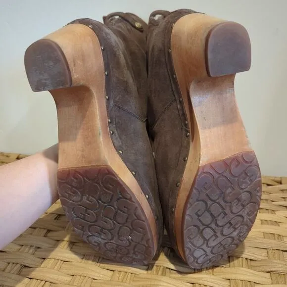 Ugg Australia Lynnea Brown Suede Studded Shearling Wooden Clog Boots Size 10