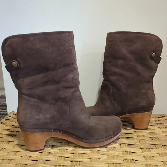 Ugg Australia Lynnea Brown Suede Studded Shearling Wooden Clog Boots Size 10
