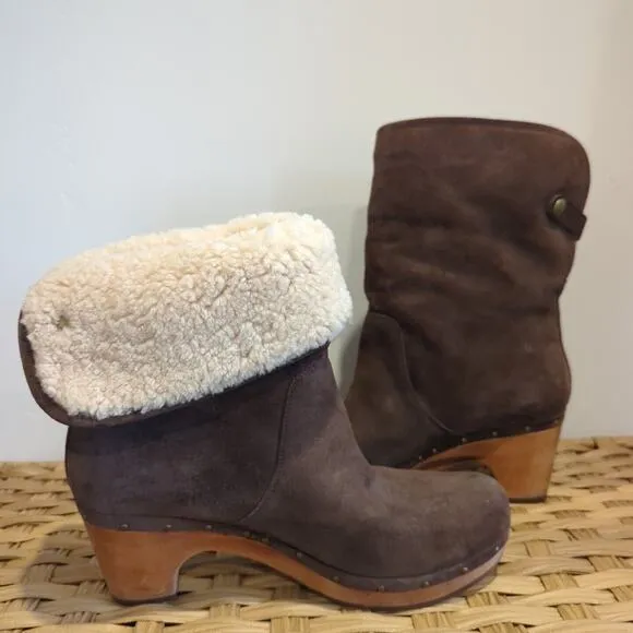 Ugg Australia Lynnea Brown Suede Studded Shearling Wooden Clog Boots Size 10