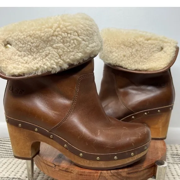 Ugg Australia Lynnea Fold Over Brown Leather Shearling Clog Boot Women’s Size 5