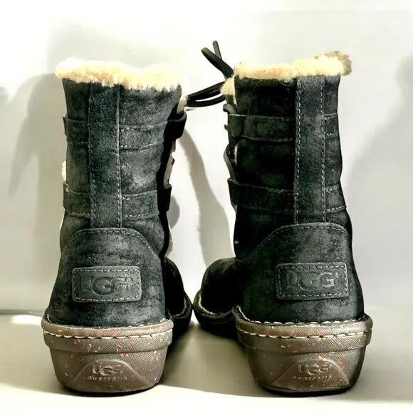 UGG Australia Size 7 Caspia Boots Leather Shearling Suede Sheepskin Black 3335