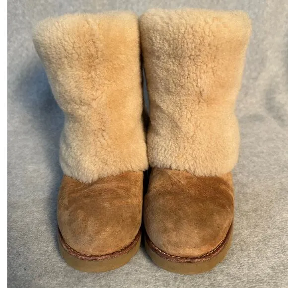 UGG Australia Sz 8 Maylin Chestnut Suede Pull On Sheepskin Shearling Cuff Boots