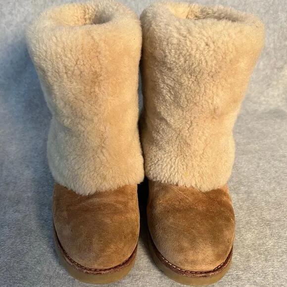 UGG Australia Sz 8 Maylin Chestnut Suede Pull On Sheepskin Shearling Cuff Boots