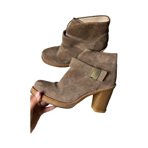 UGG Australia Tan Suede Shearling Brienne Buckle Tab Ankle Boots Size 7