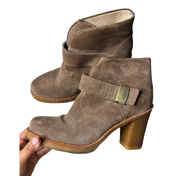 UGG Australia Tan Suede Shearling Brienne Buckle Tab Ankle Boots Size 7