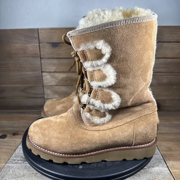 UGG Australia Womens Size 6 Rommy Lace-Up Boots Chestnut Suede &amp; Shearling