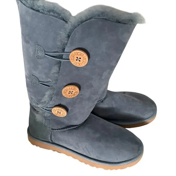 UGG Bailey Button Triplet Boots Navy Shearling Suede Winter Cozy