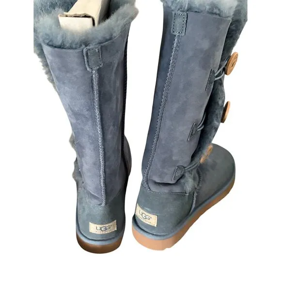 UGG Bailey Button Triplet Boots Navy Shearling Suede Winter Cozy